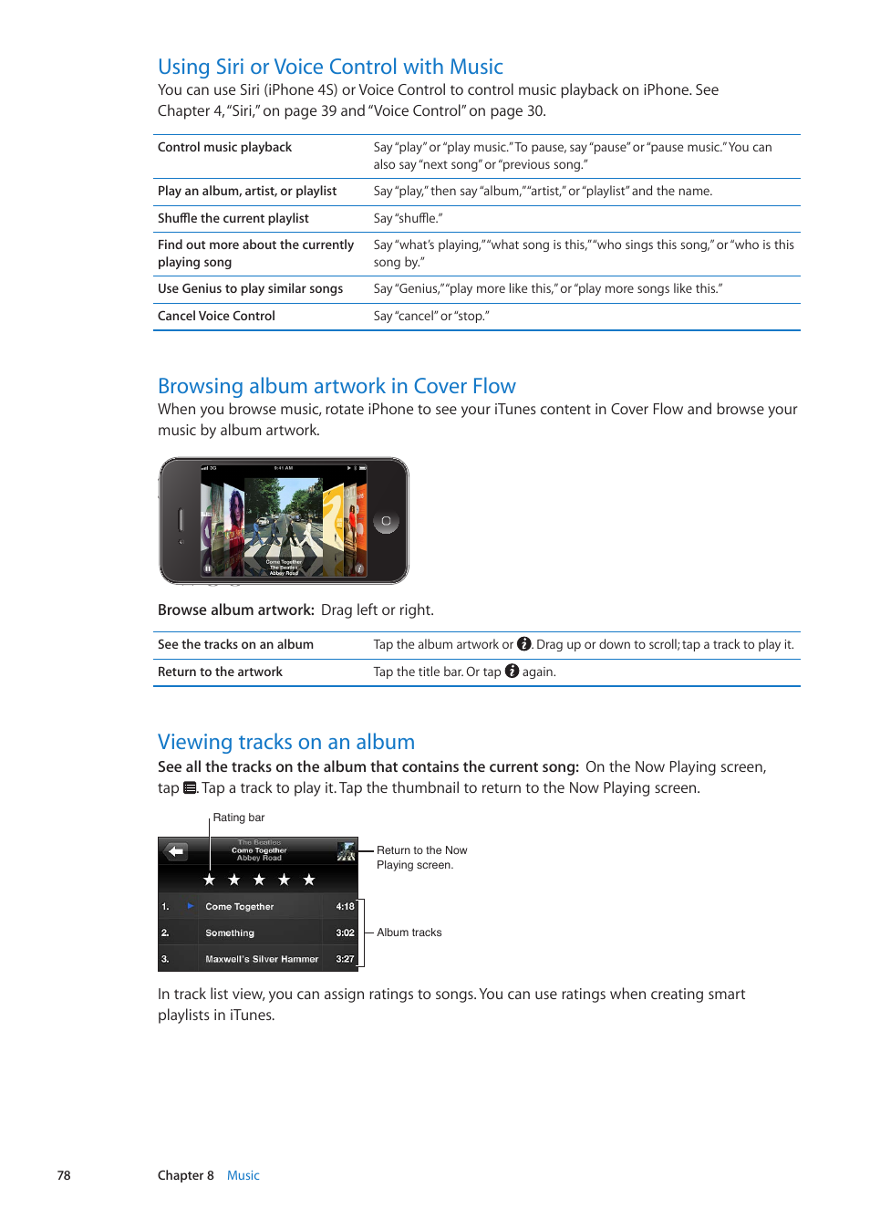 Using siri or voice control with music, Browsing album artwork in cover flow, Viewing tracks on an album | Apple iPhone iOS 5.1 User Manual | Page 78 / 179