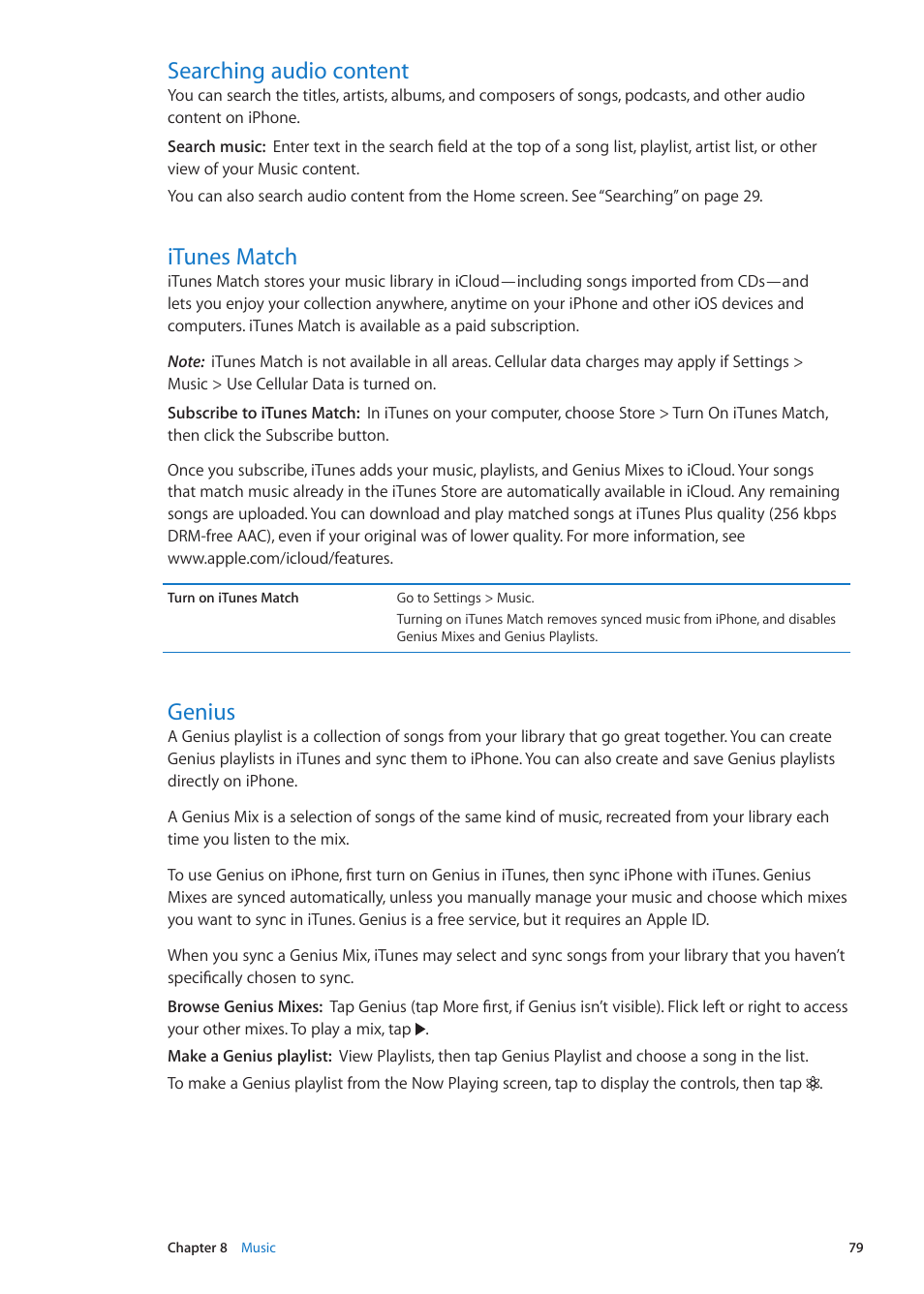 Searching audio content, Itunes match, Genius | Apple iPhone iOS 5.1 User Manual | Page 79 / 179