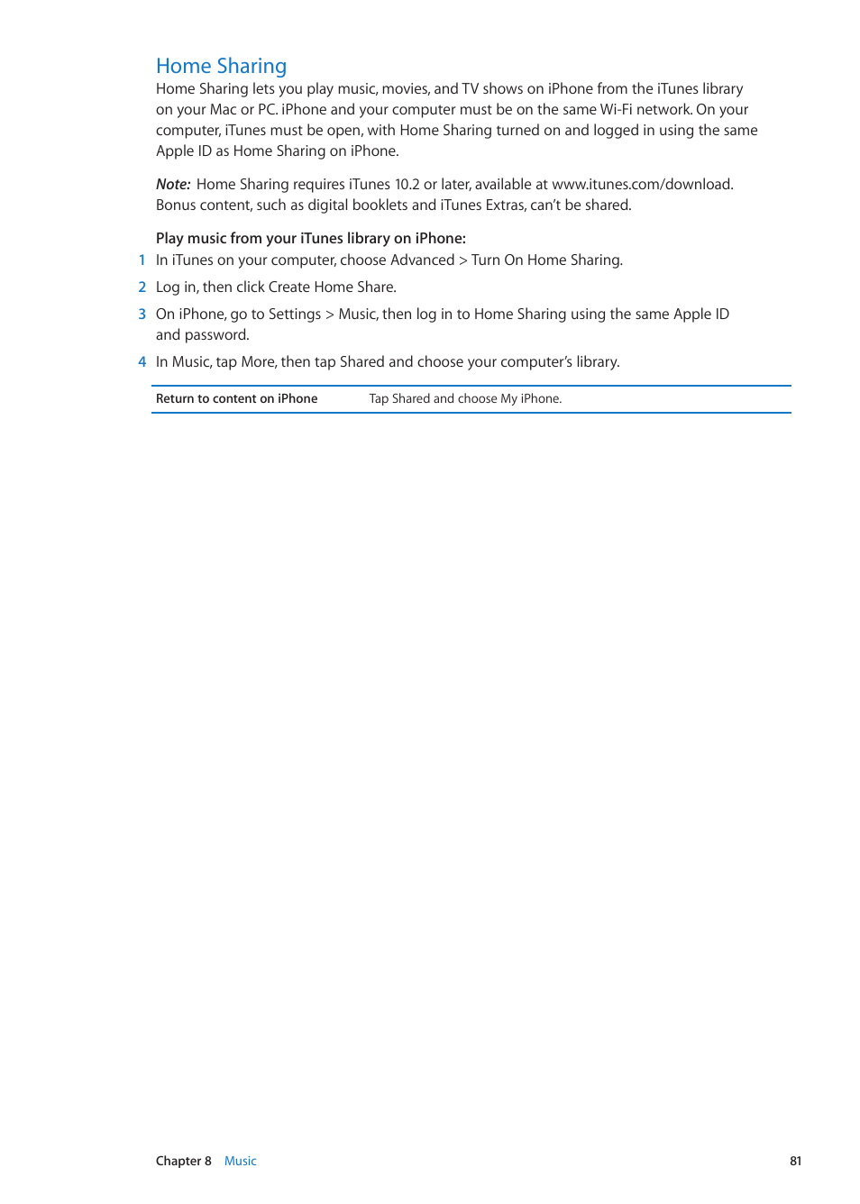 Home sharing, 81 home sharing | Apple iPhone iOS 5.1 User Manual | Page 81 / 179