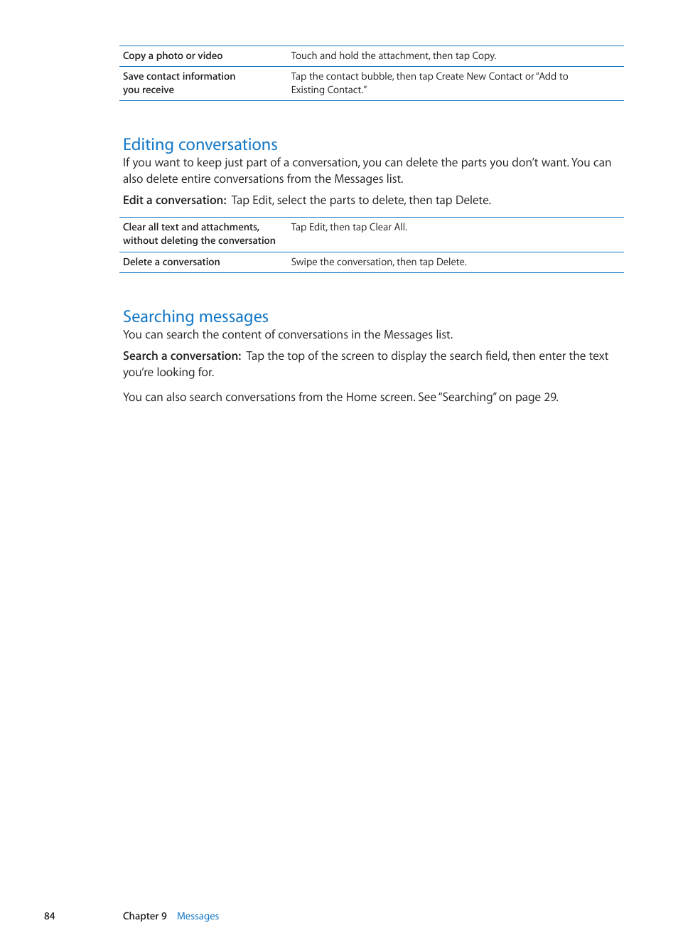 Editing conversations, Searching messages, 84 editing conversations 84 searching messages | Apple iPhone iOS 5.1 User Manual | Page 84 / 179