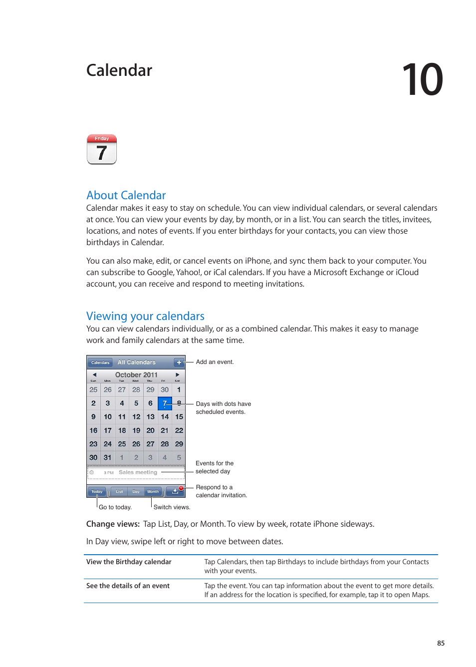 Chapter 10: calendar, About calendar, Viewing your calendars | 85 about calendar 85 viewing your calendars, Calendar | Apple iPhone iOS 5.1 User Manual | Page 85 / 179