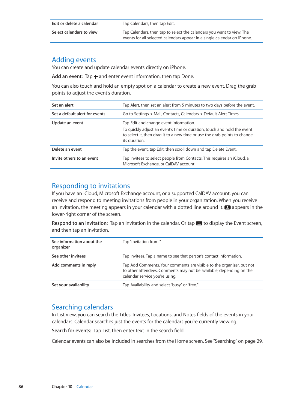 Adding events, Responding to invitations, Searching calendars | Apple iPhone iOS 5.1 User Manual | Page 86 / 179