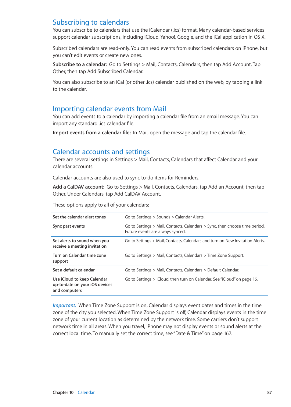 Subscribing to calendars, Importing calendar events from mail, Calendar accounts and settings | Apple iPhone iOS 5.1 User Manual | Page 87 / 179