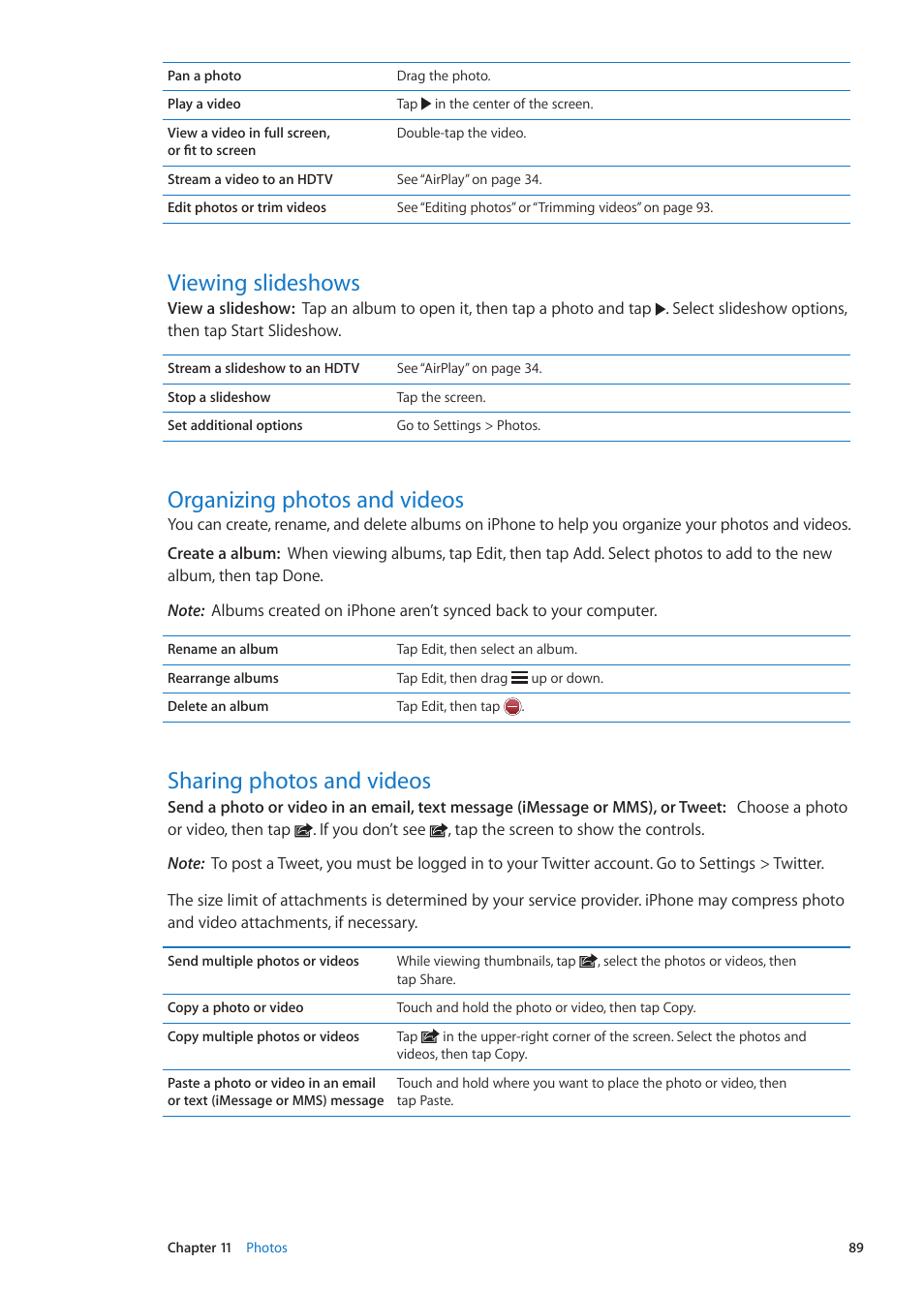 Viewing slideshows, Organizing photos and videos, Sharing photos and videos | Apple iPhone iOS 5.1 User Manual | Page 89 / 179