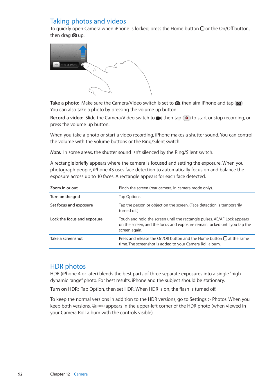 Taking photos and videos, Hdr photos, 92 taking photos and videos 92 hdr photos | Apple iPhone iOS 5.1 User Manual | Page 92 / 179