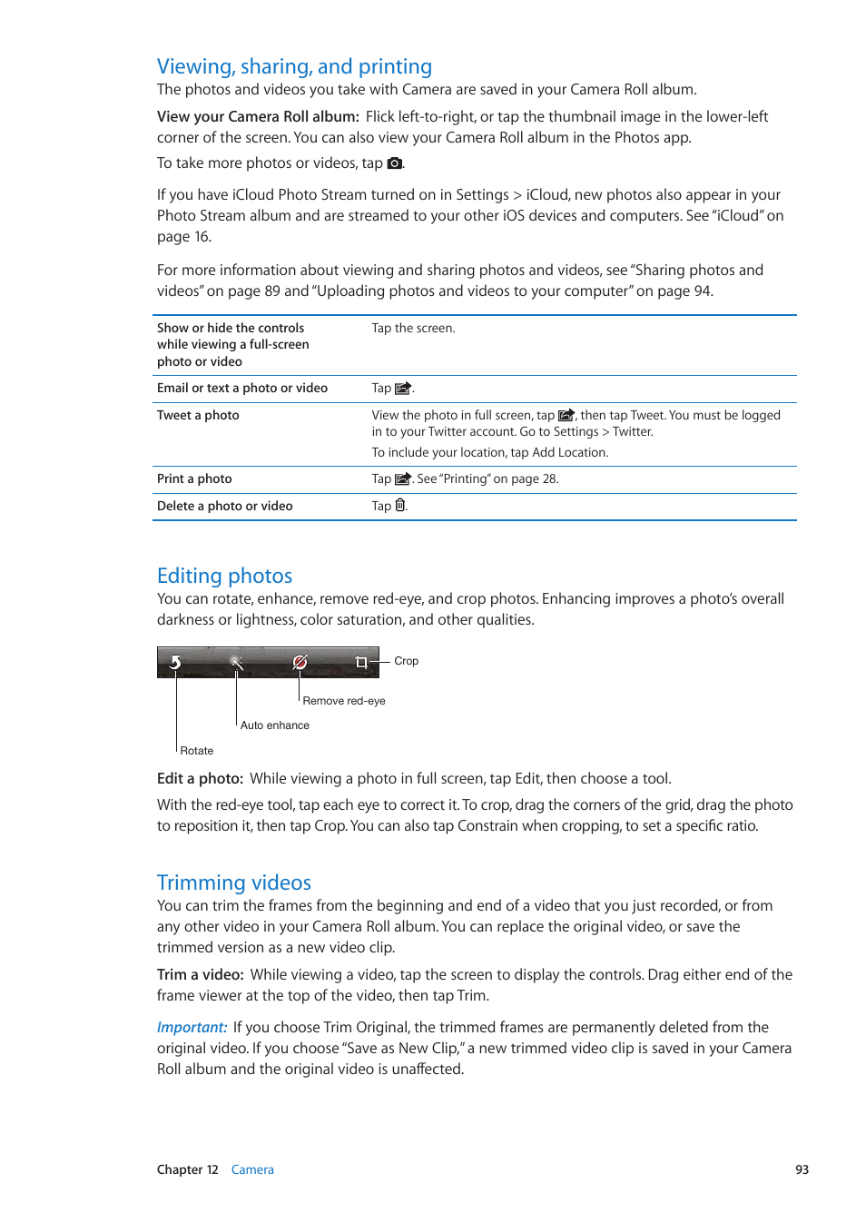 Viewing, sharing, and printing, Editing photos, Trimming videos | Apple iPhone iOS 5.1 User Manual | Page 93 / 179