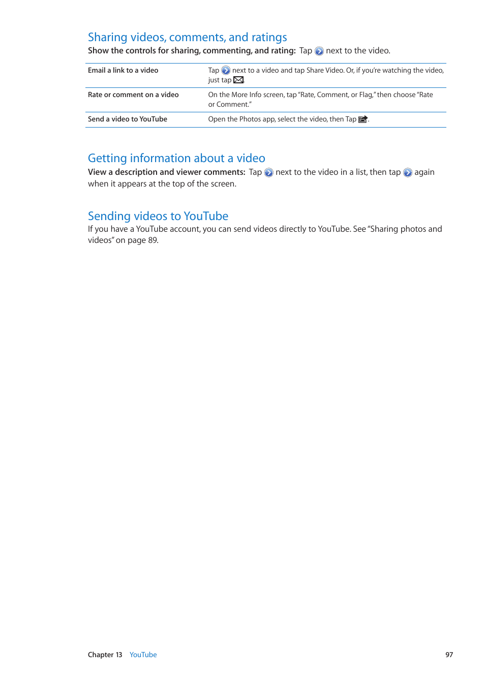 Sharing videos, comments, and ratings, Getting information about a video, Sending videos to youtube | Apple iPhone iOS 5.1 User Manual | Page 97 / 179