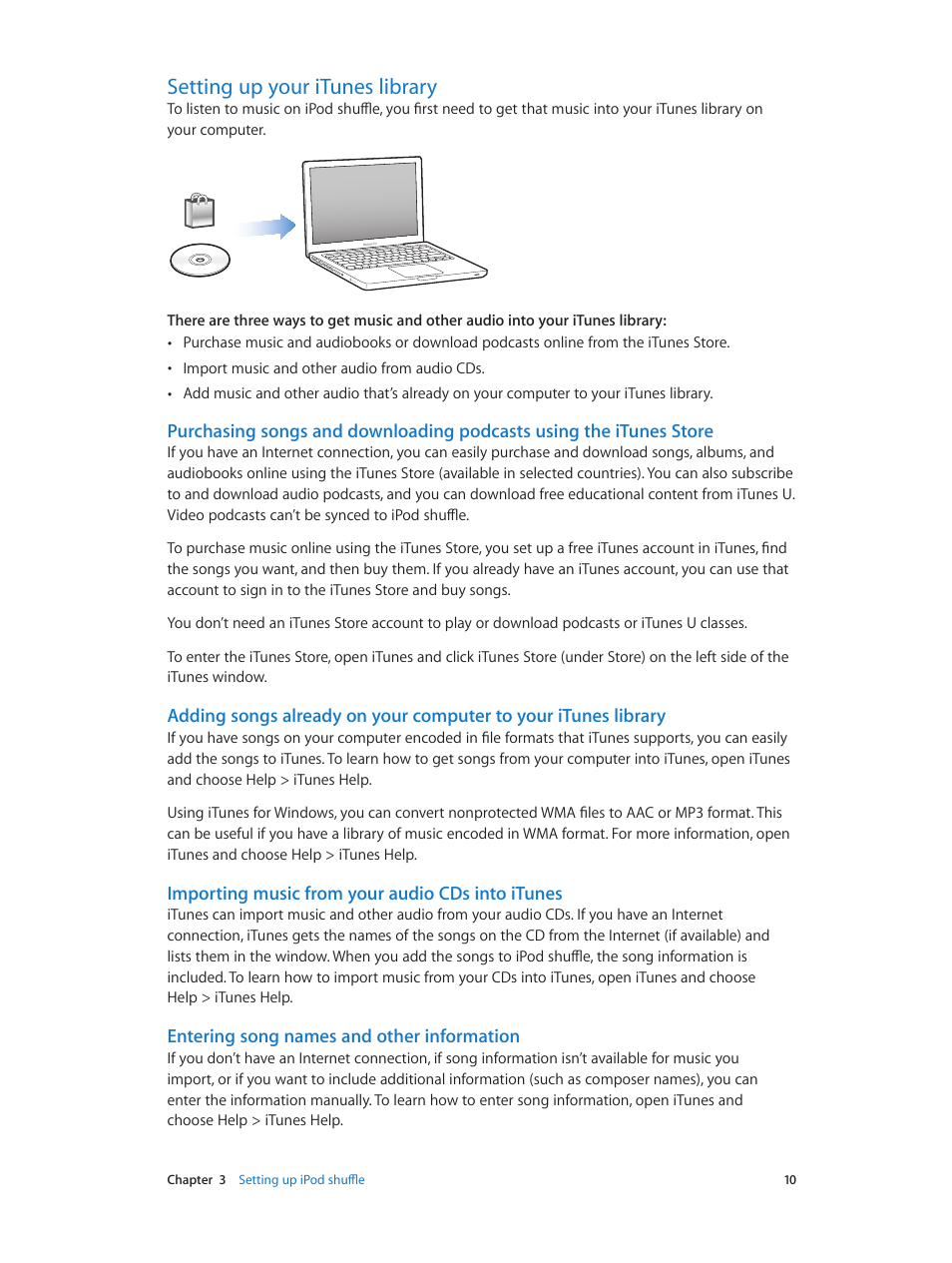 Setting up your itunes library, Using genius in itunes, Importing music from your audio cds into itunes | Entering song names and other information | Apple iPod shuffle (4th generation) User Manual | Page 10 / 32