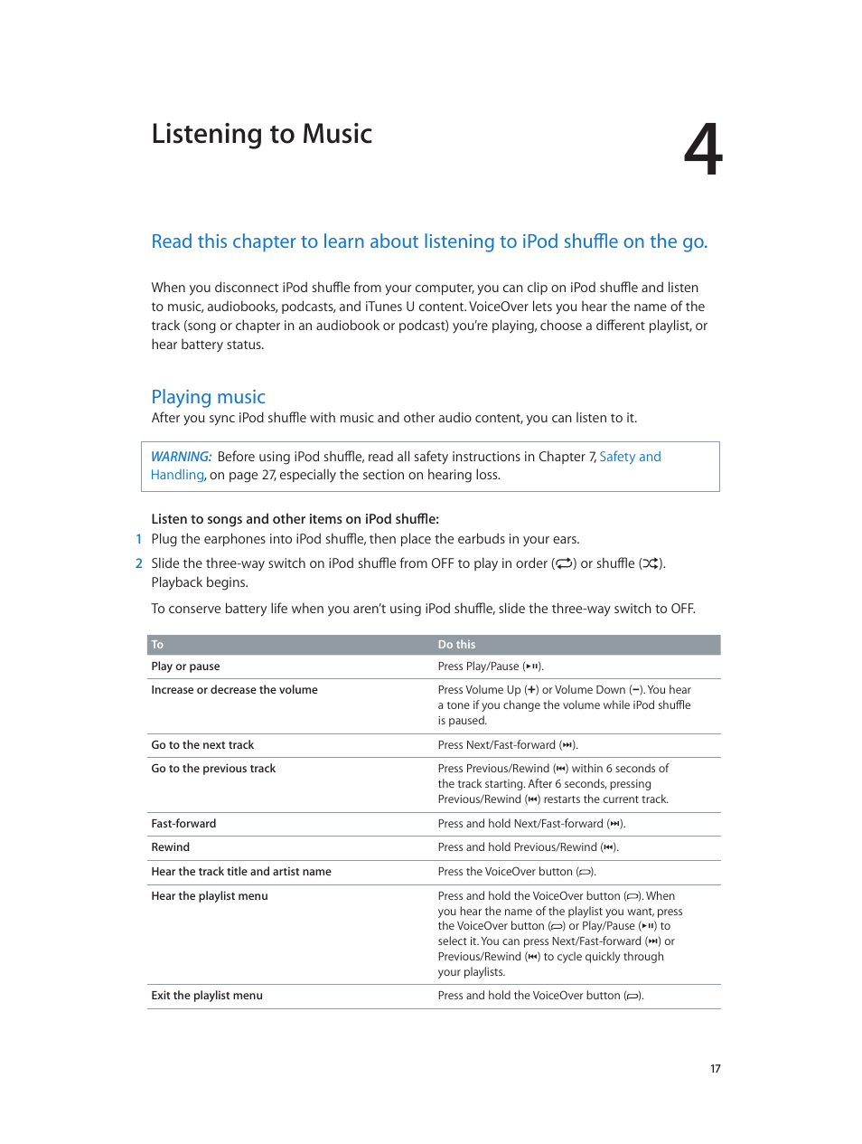 Chapter 4: listening to music, Playing music, Listening to | Music, Listening to music | Apple iPod shuffle (4th generation) User Manual | Page 17 / 32