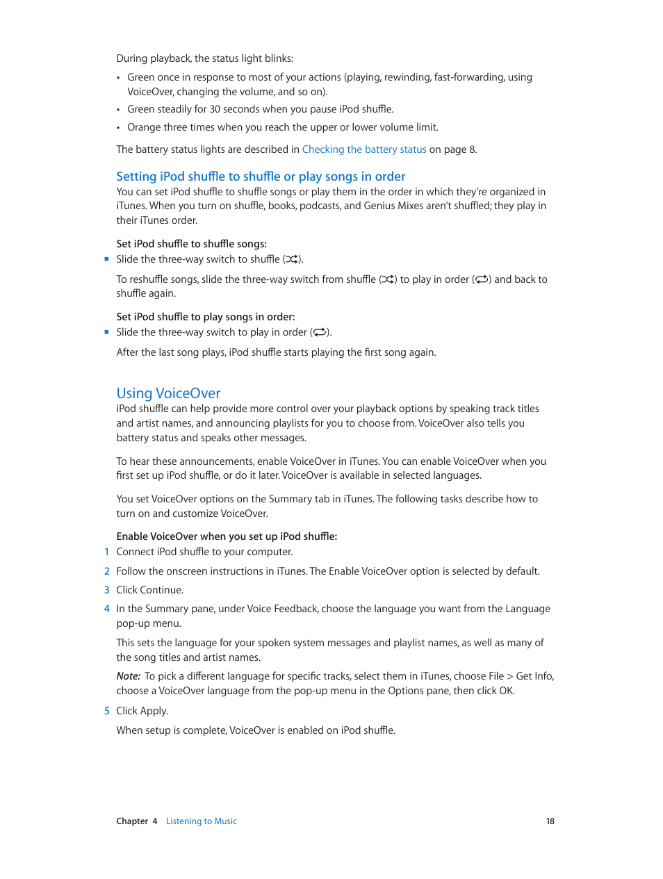 Using voiceover | Apple iPod shuffle (4th generation) User Manual | Page 18 / 32