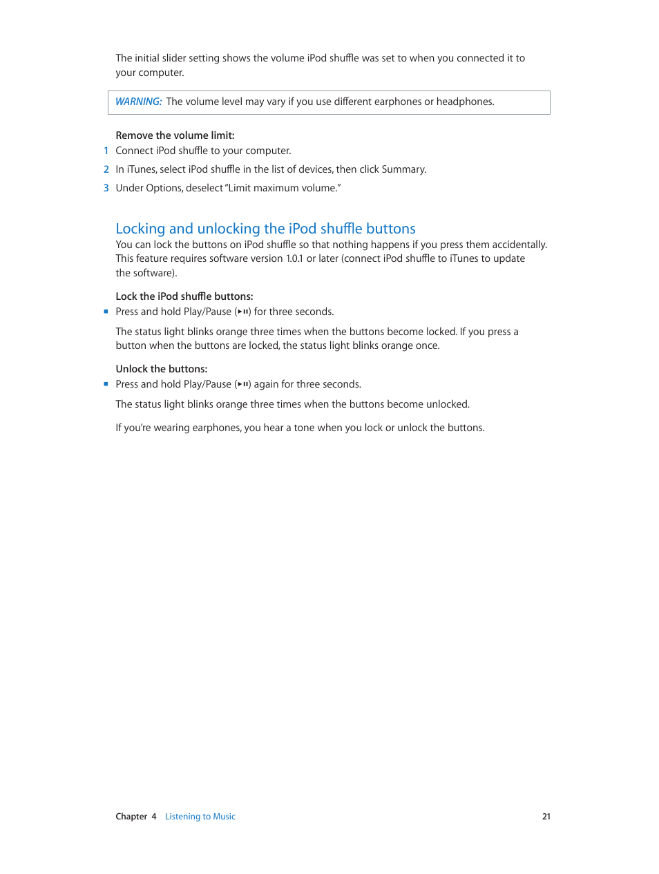 Locking and unlocking the ipod shuffle buttons, 21 locking and unlocking the ipod shuffle buttons | Apple iPod shuffle (4th generation) User Manual | Page 21 / 32
