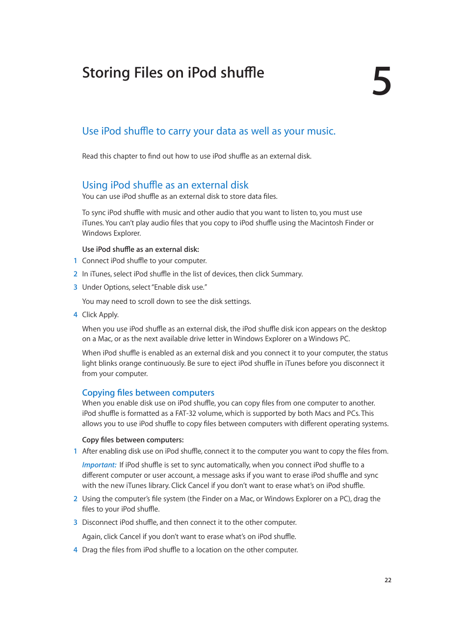 Chapter 5: storing files on ipod shuffle, Using ipod shuffle as an external disk, 22 using ipod shuffle as an external disk | Storing files on ipod shuffle | Apple iPod shuffle (4th generation) User Manual | Page 22 / 32