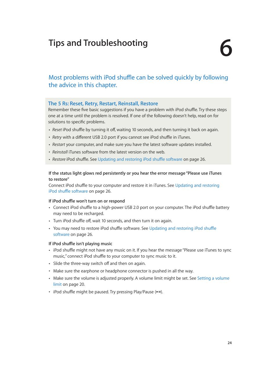 Chapter 6: tips and troubleshooting, Tips and troubleshooting | Apple iPod shuffle (4th generation) User Manual | Page 24 / 32