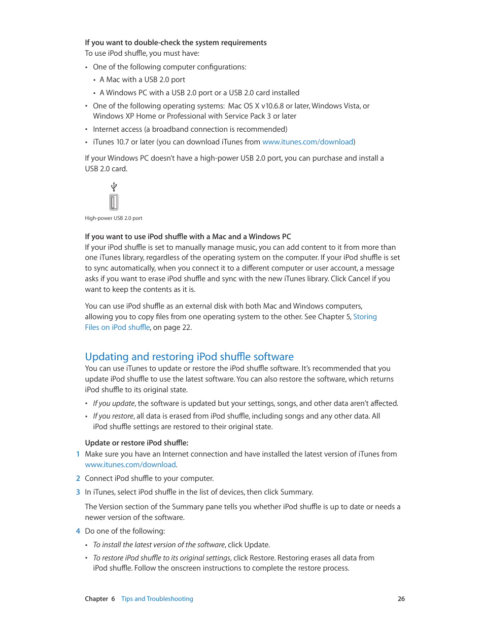 Updating and restoring ipod shuffle software, 26 updating and restoring ipod shuffle software, Updating and restoring | Ipod shuffle software, Updating and restoring ipod shuffle, Software, If you want to double-check the, System requirements | Apple iPod shuffle (4th generation) User Manual | Page 26 / 32