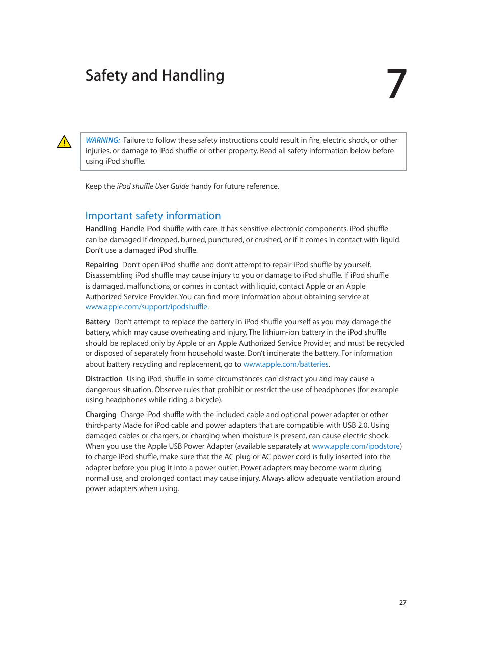 Chapter 7: safety and handling, Important safety information, 27 important safety information | Safety and handling, 27 b, Ing loss in, Important safety, Information, Safety and, Handling | Apple iPod shuffle (4th generation) User Manual | Page 27 / 32