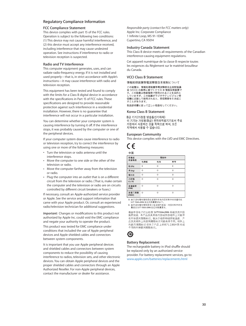 Regulatory compliance information, 30 regulatory compliance information | Apple iPod shuffle (4th generation) User Manual | Page 30 / 32