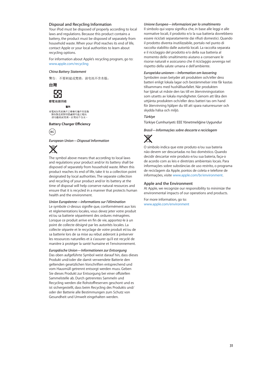 Disposal and recycling, Information | Apple iPod shuffle (4th generation) User Manual | Page 31 / 32