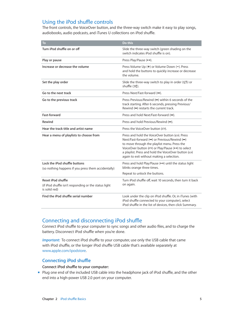 Using the ipod shuffle controls, Connecting and disconnecting ipod shuffle, Connecting ipod shuffle | Apple iPod shuffle (4th generation) User Manual | Page 5 / 32