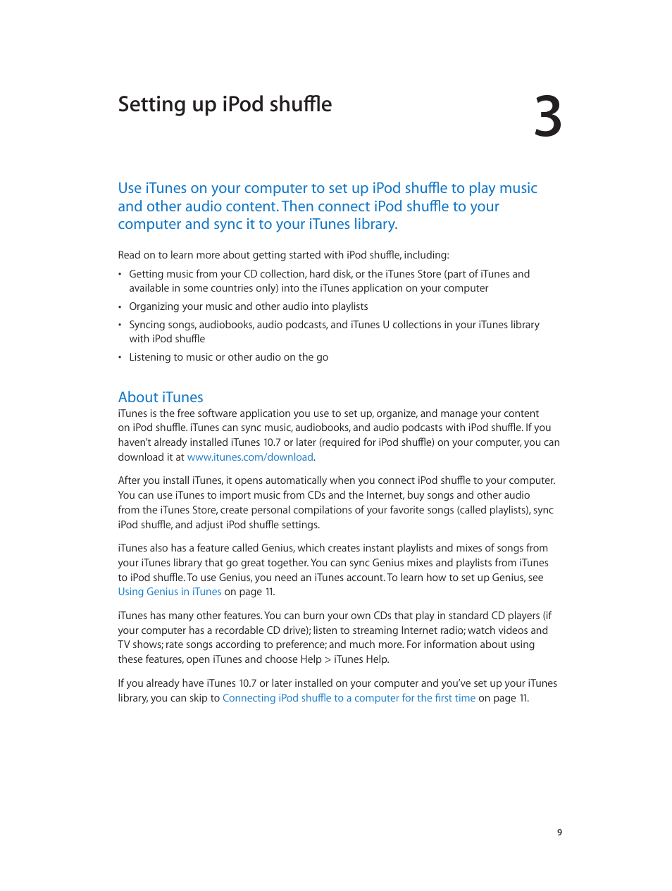 Chapter 3: setting up ipod shuffle, About itunes, Setting up ipod shuffle | Apple iPod shuffle (4th generation) User Manual | Page 9 / 32