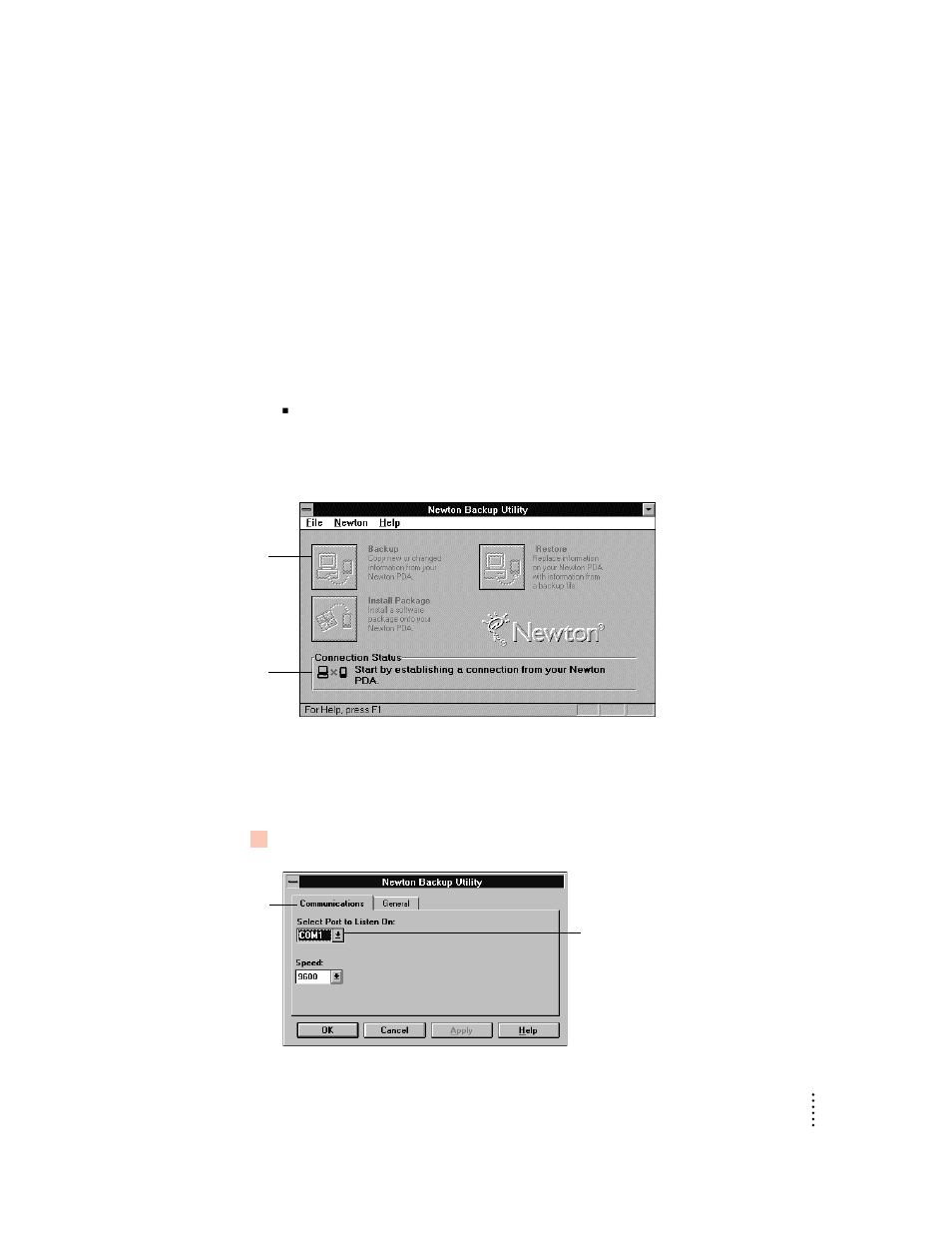 Preparing your computer, Opening the newton backup utility, Selecting the type of connection on your computer | Apple Newton Backup Utility (for Windows) User Manual | Page 9 / 43