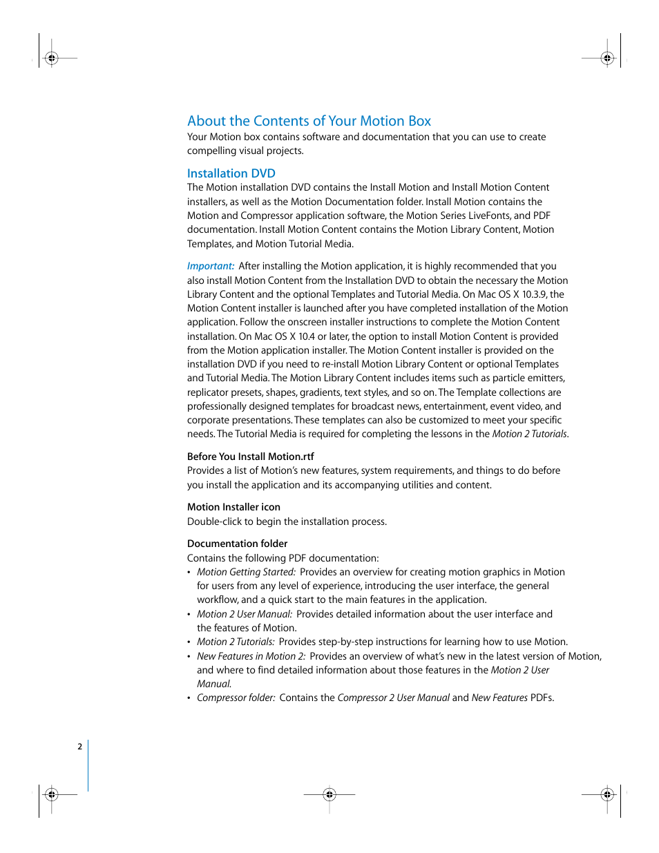 About the contents of your motion box, Installation dvd | Apple Installing Your Motion 2 Software User Manual | Page 2 / 8