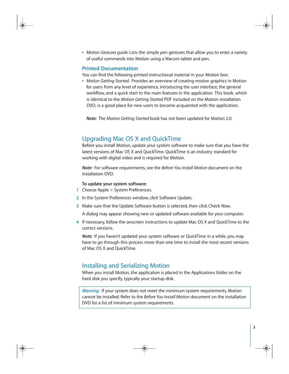 Printed documentation, Upgrading mac os x and quicktime, Installing and serializing motion | Apple Installing Your Motion 2 Software User Manual | Page 3 / 8