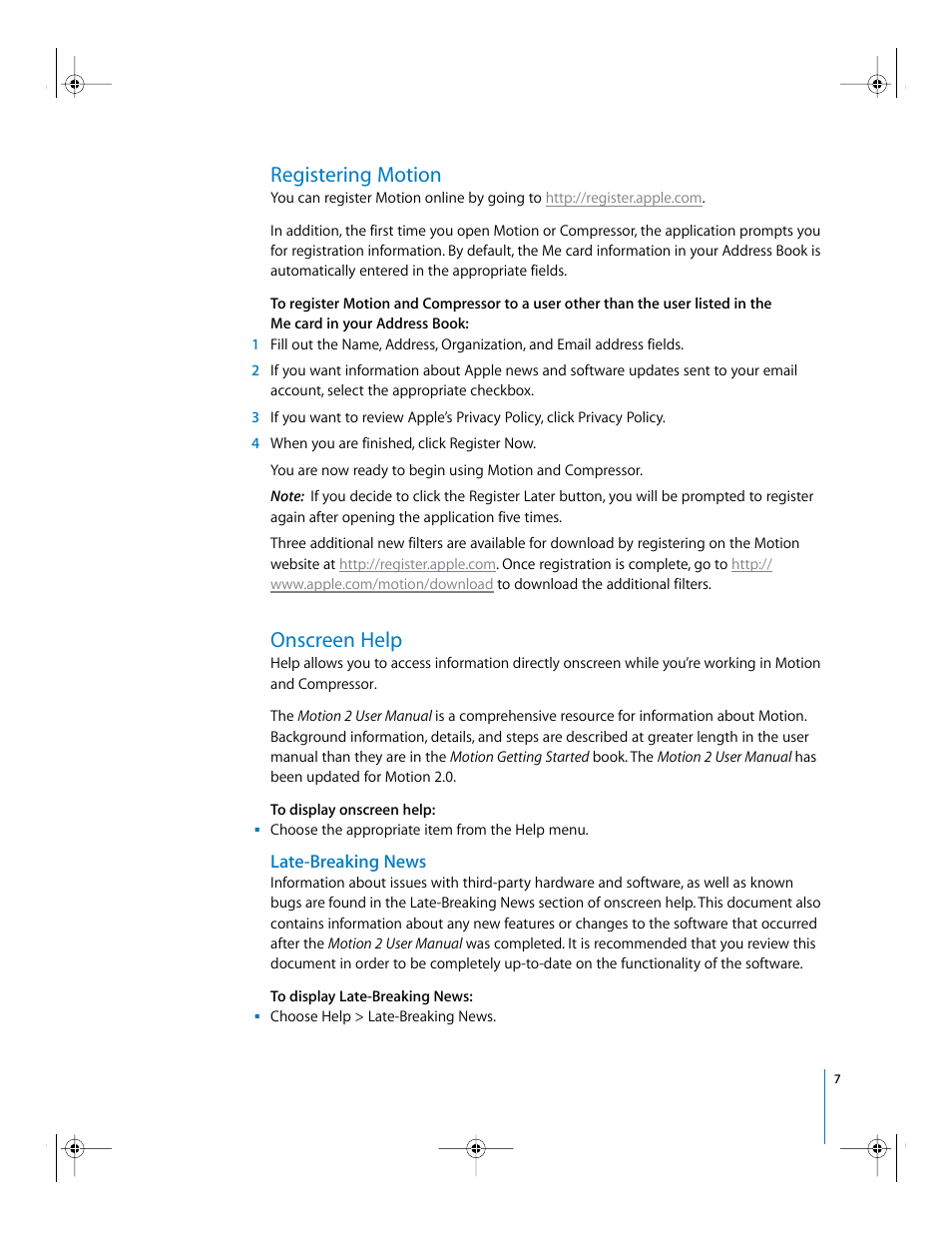 Registering motion, Onscreen help, Late-breaking news | Apple Installing Your Motion 2 Software User Manual | Page 7 / 8