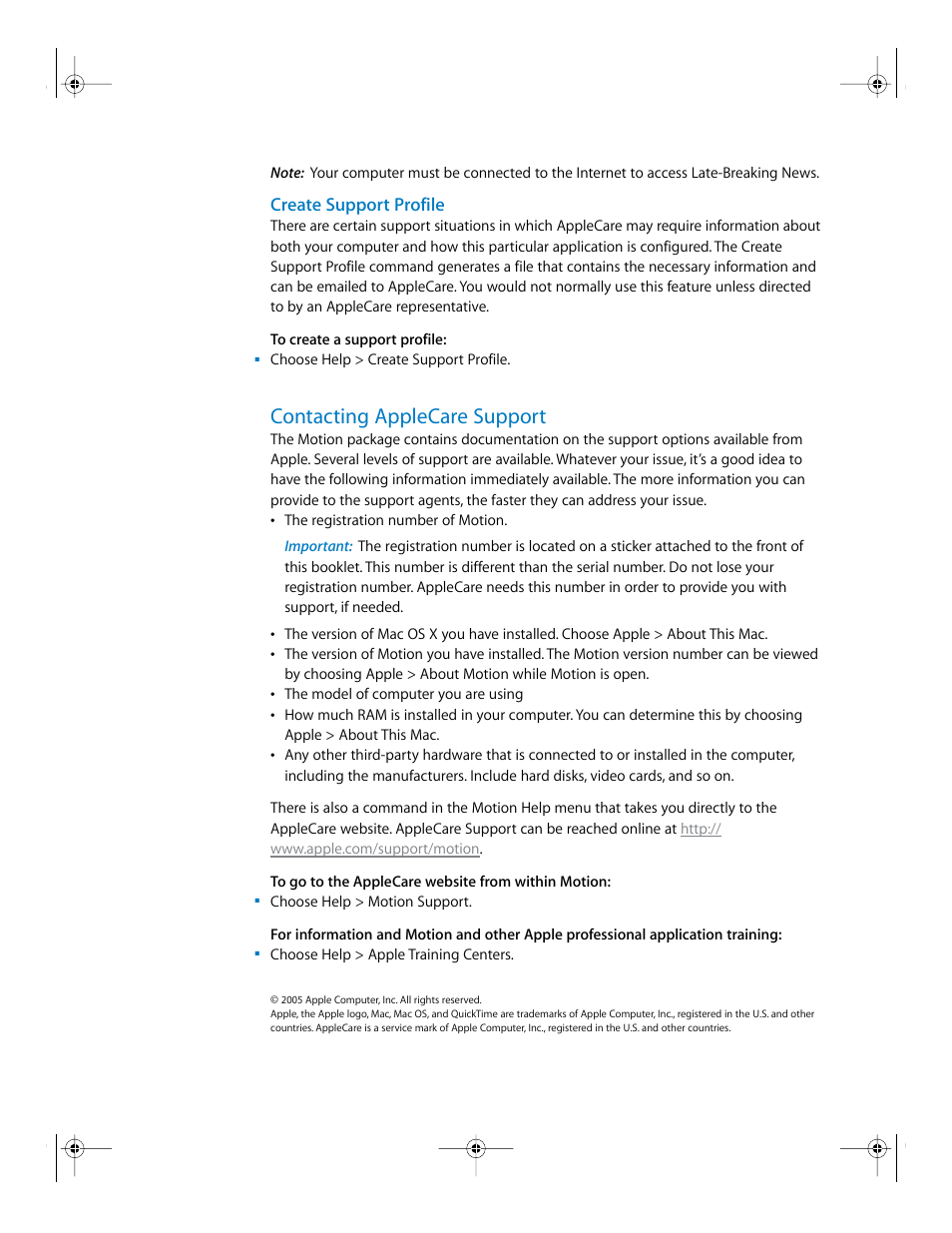 Create support profile, Contacting applecare support | Apple Installing Your Motion 2 Software User Manual | Page 8 / 8