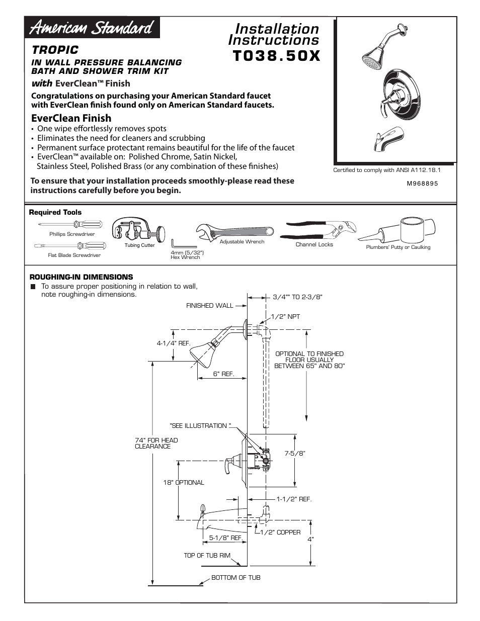 American Standard Tropic T038.50X User Manual | 3 pages