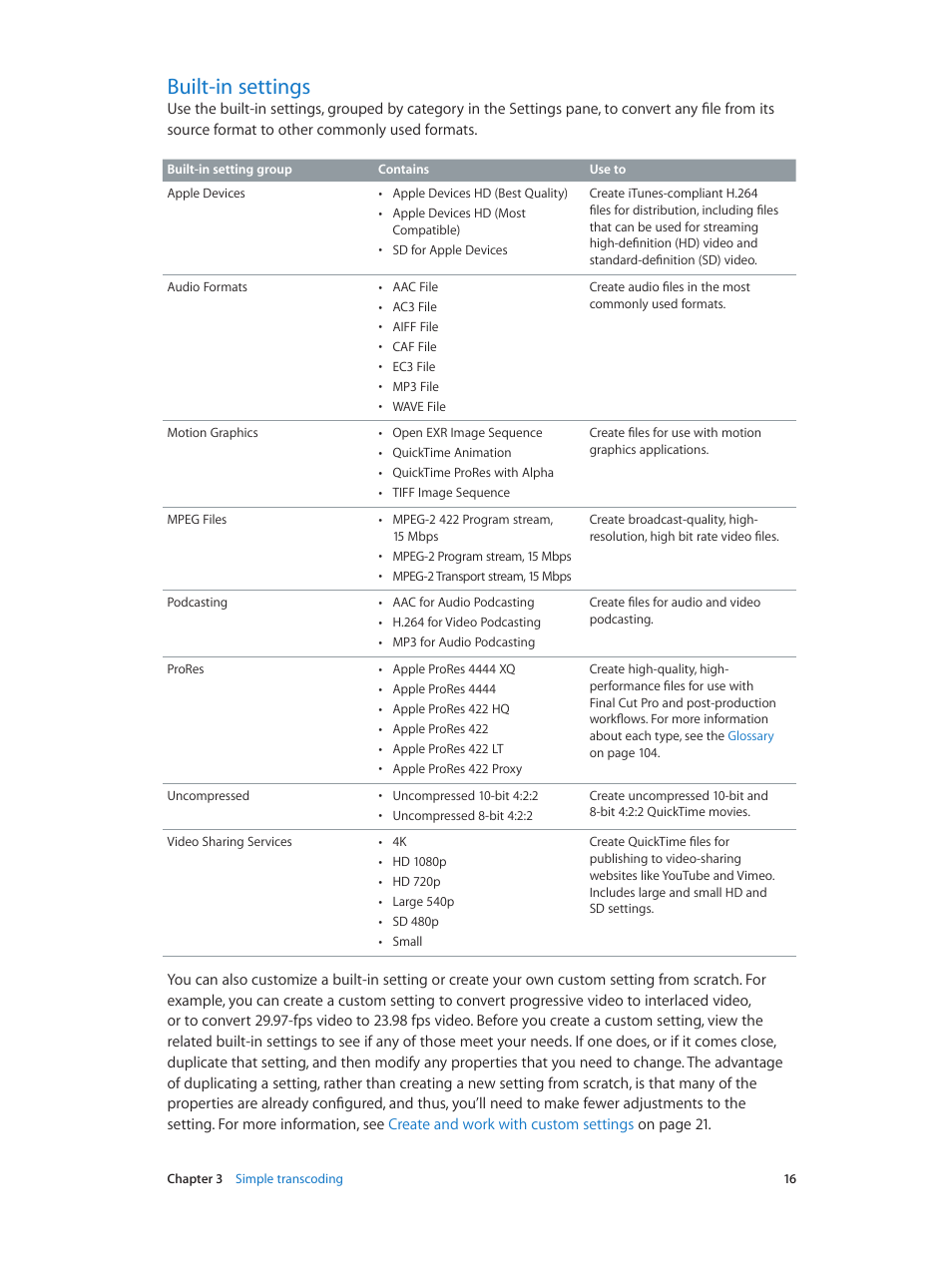 Built-in settings, 16 built-in settings | Apple Compressor (4.1.2) User Manual | Page 16 / 108