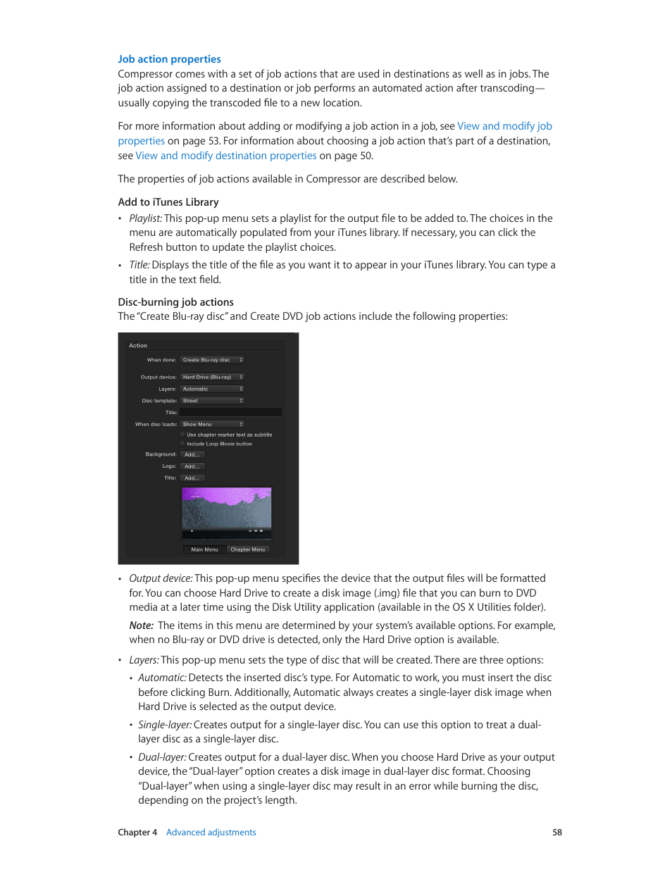 Job action properties, Job action, Properties | Apple Compressor (4.1.2) User Manual | Page 58 / 108