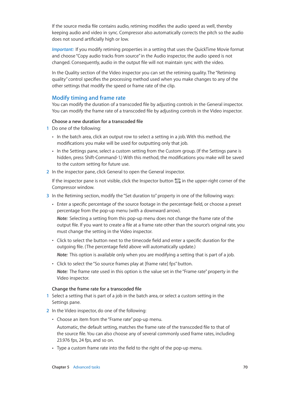 Modify timing and frame rate | Apple Compressor (4.1.2) User Manual | Page 70 / 108
