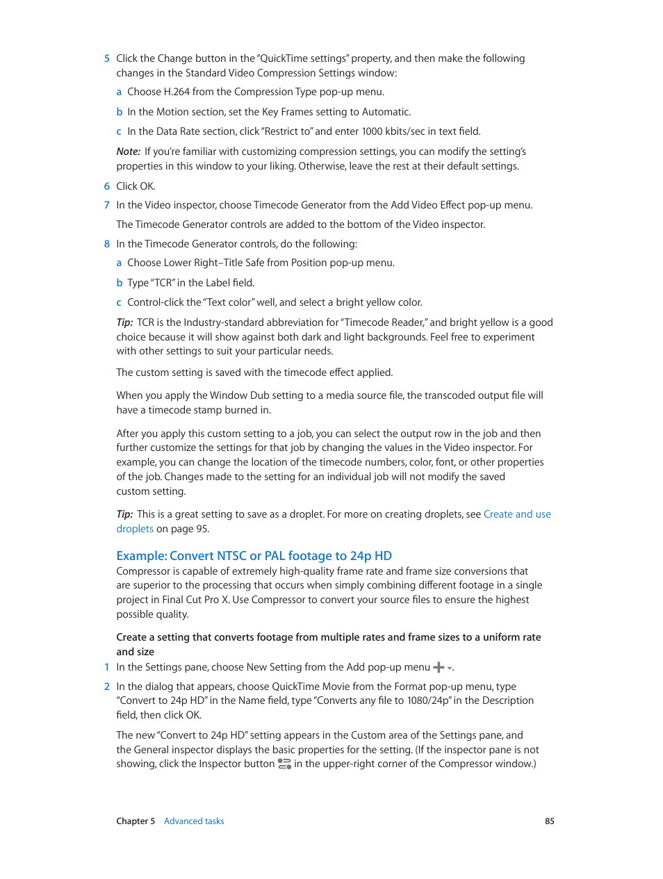 Example: convert ntsc or pal footage to 24p hd | Apple Compressor (4.1.2) User Manual | Page 85 / 108