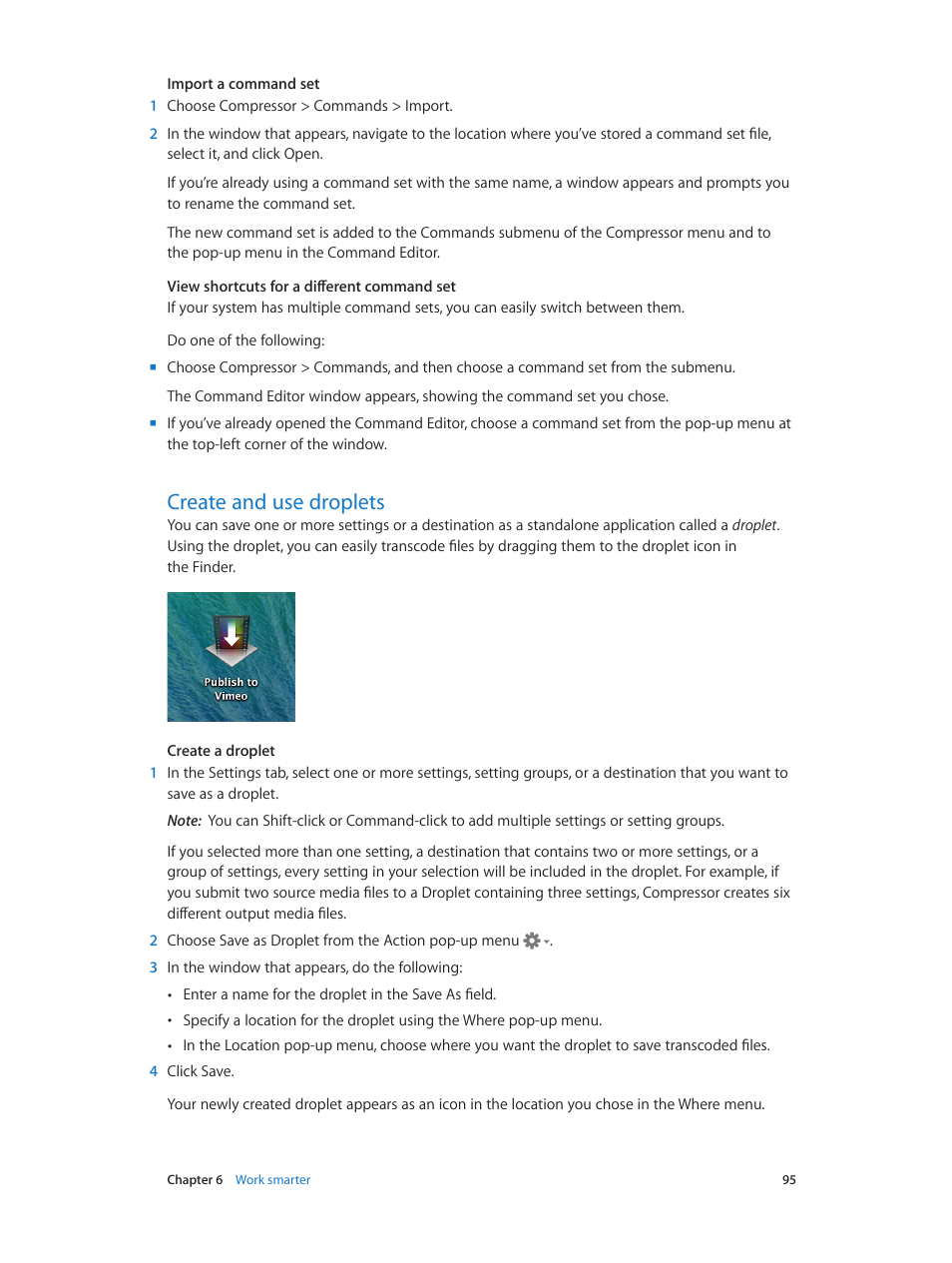 Create and use droplets, 95 create and use droplets | Apple Compressor (4.1.2) User Manual | Page 95 / 108