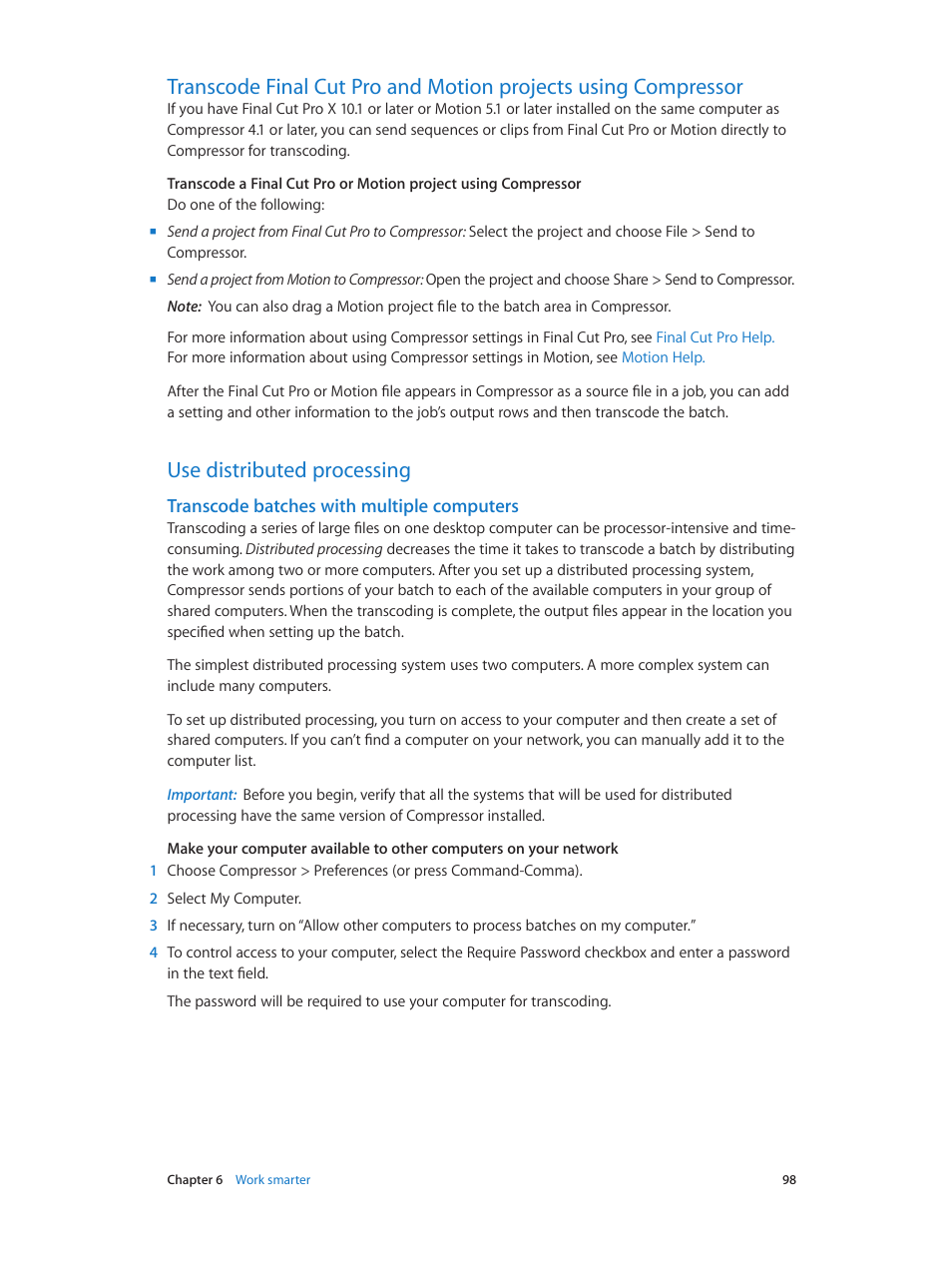 Use distributed processing, Transcode batches with multiple computers, Transcode | Batches with multiple computers, Transcode batches with multiple, Computers | Apple Compressor (4.1.2) User Manual | Page 98 / 108