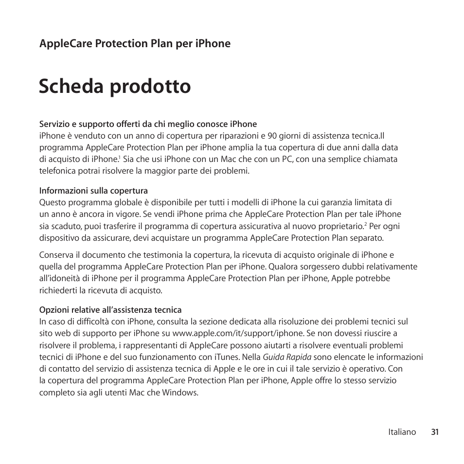 Italiano, Scheda prodotto, Applecare protection plan per iphone | Apple AppleCare Protection Plan for iPhone User Manual | Page 31 / 68