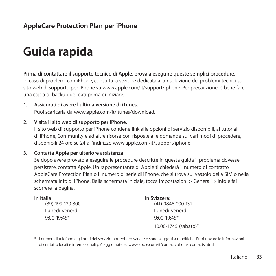 Guida rapida, Applecare protection plan per iphone | Apple AppleCare Protection Plan for iPhone User Manual | Page 33 / 68