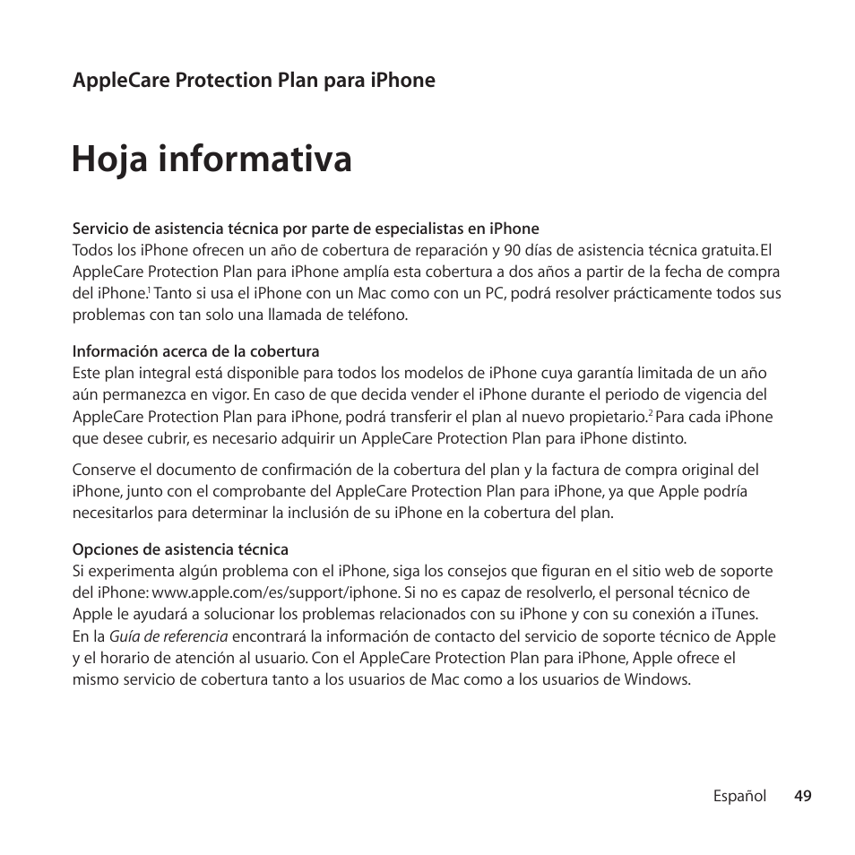 Español, Hoja informativa, Applecare protection plan para iphone | Apple AppleCare Protection Plan for iPhone User Manual | Page 49 / 68