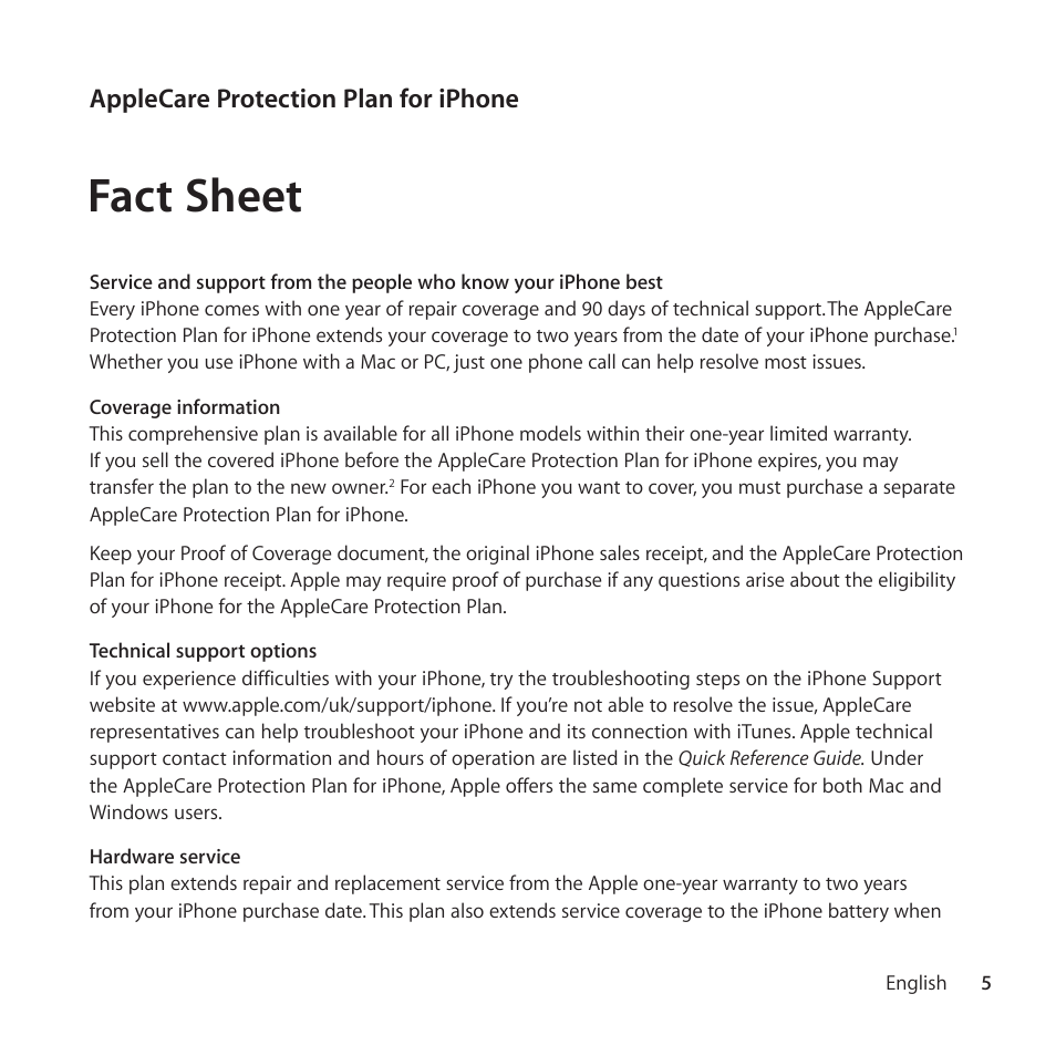 Fact sheet, Applecare protection plan for iphone | Apple AppleCare Protection Plan for iPhone User Manual | Page 5 / 68