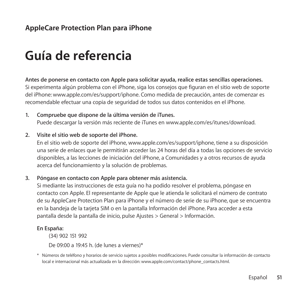 Guía de referencia, Applecare protection plan para iphone | Apple AppleCare Protection Plan for iPhone User Manual | Page 51 / 68