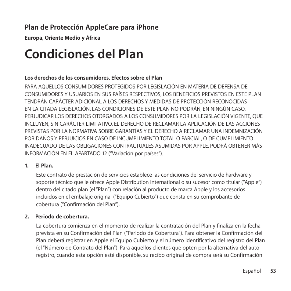 Condiciones del plan | Apple AppleCare Protection Plan for iPhone User Manual | Page 53 / 68