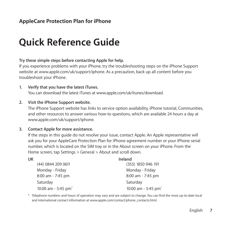 Quick reference guide, Applecare protection plan for iphone | Apple AppleCare Protection Plan for iPhone User Manual | Page 7 / 68