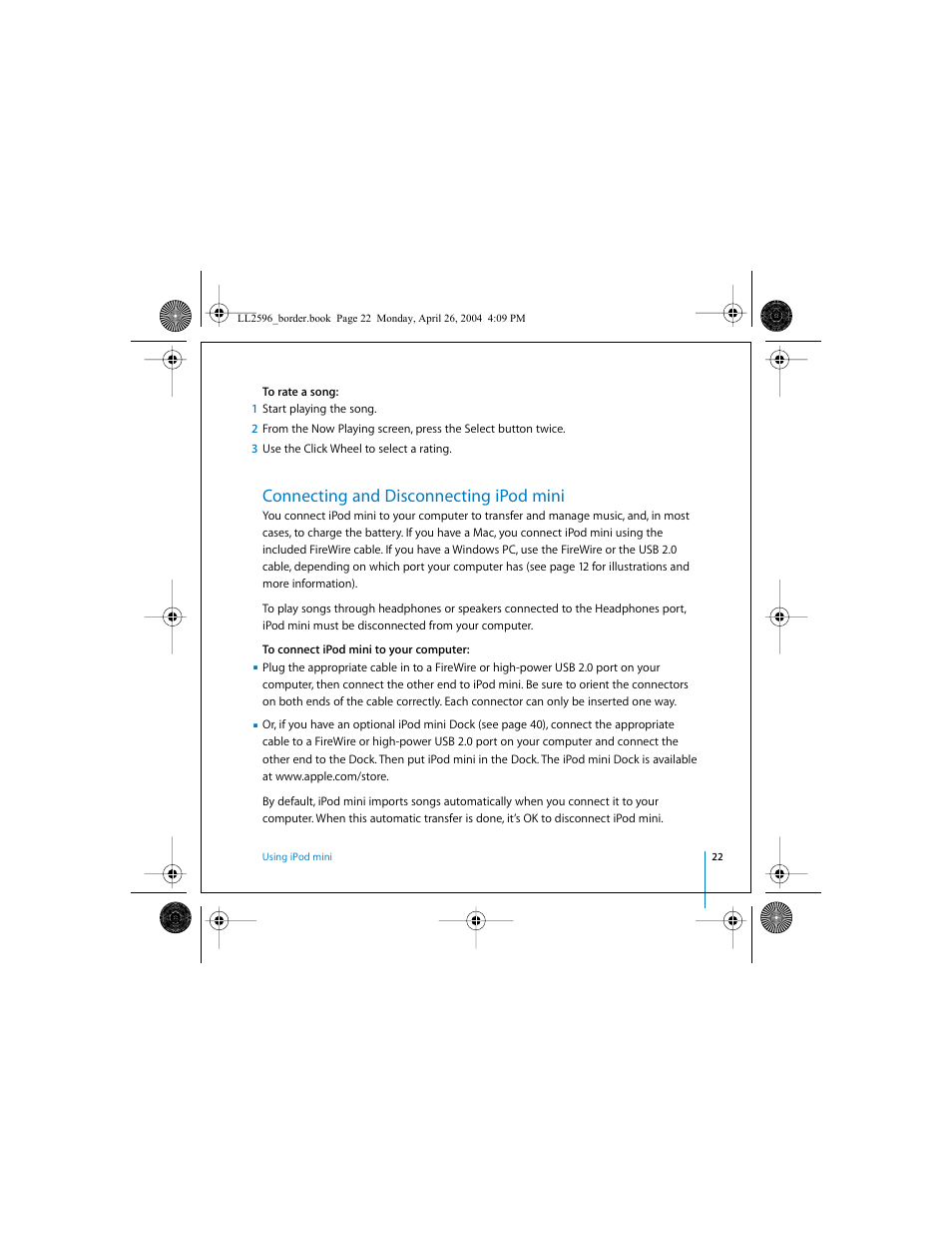 Connecting and disconnecting ipod mini | Apple iPod mini User Manual | Page 22 / 64