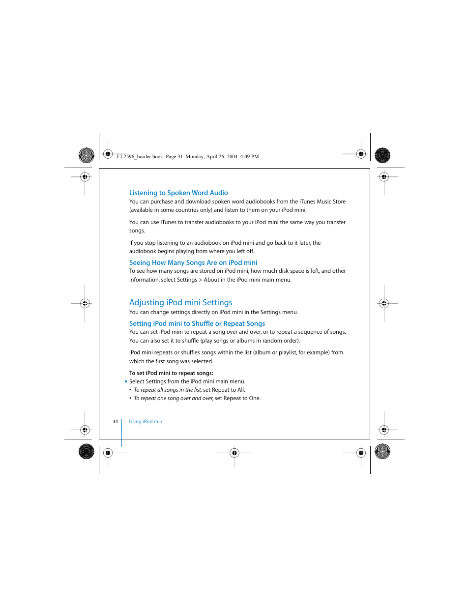 Adjusting ipod mini settings | Apple iPod mini User Manual | Page 31 / 64