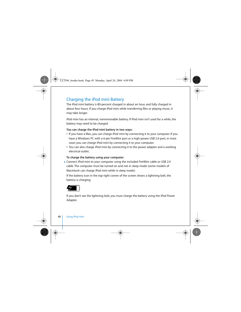 Charging the ipod mini battery | Apple iPod mini User Manual | Page 45 / 64