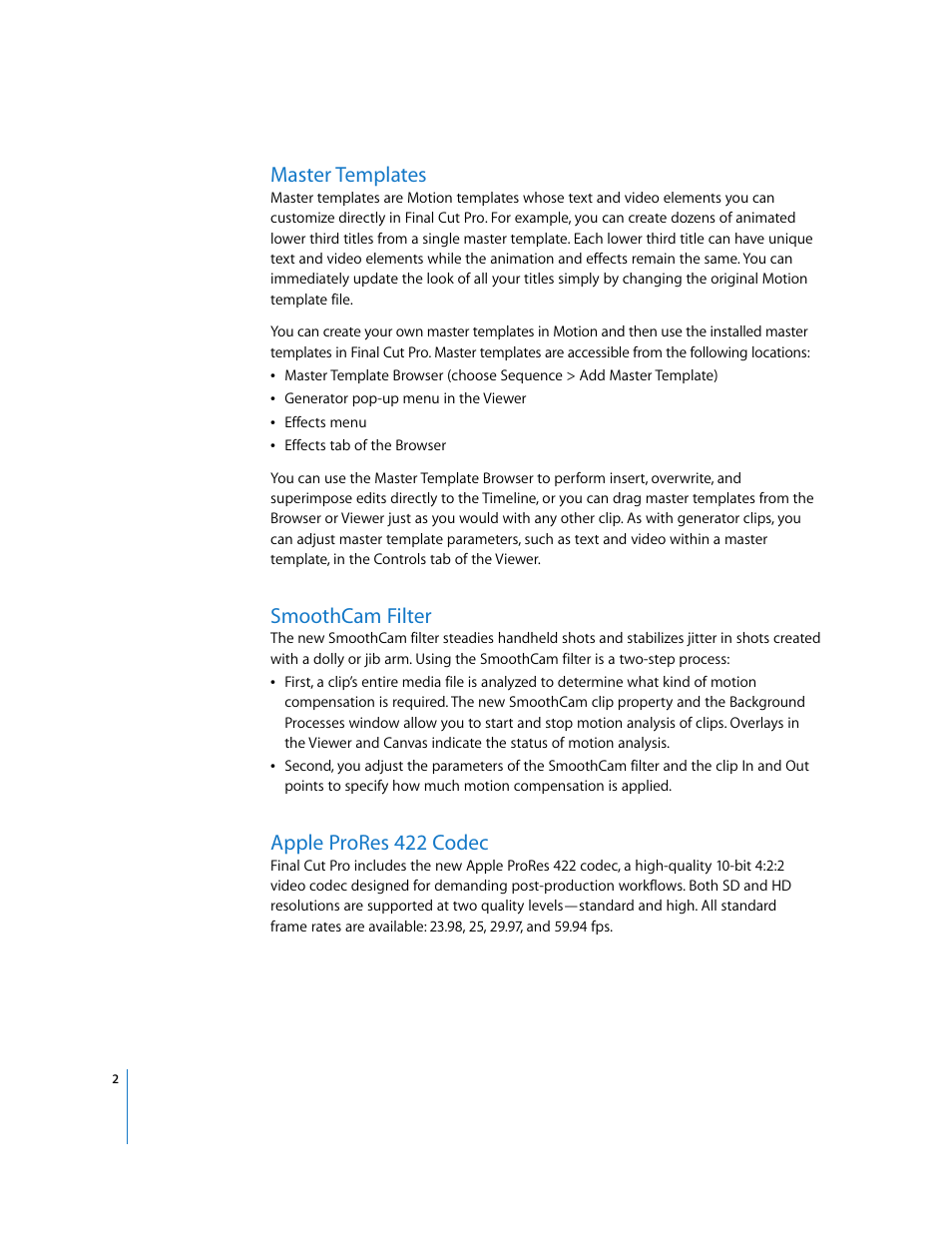Master templates, Smoothcam filter, Apple prores 422 codec | Apple Final Cut Pro 6: New Features User Manual | Page 2 / 10