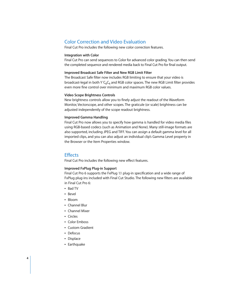Color correction and video evaluation, Effects | Apple Final Cut Pro 6: New Features User Manual | Page 4 / 10
