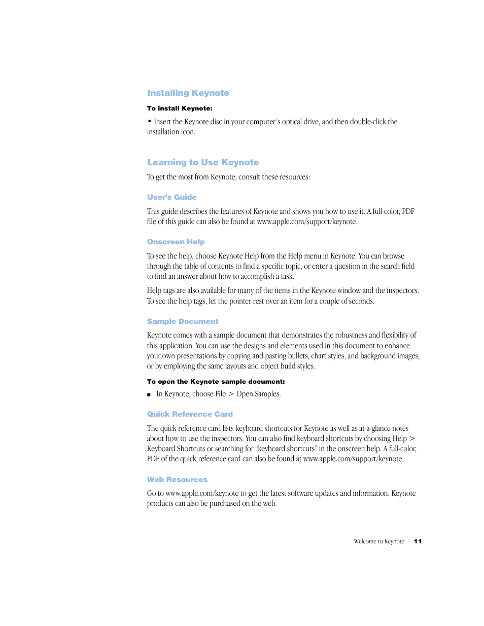 Installing keynote, Learning to use keynote, User’s guide | Onscreen help, Sample document, Quick reference card, Web resources, Installing keynote 11, Learning to use keynote 11, User’s guide 11 | Apple Keynote 1 User Manual | Page 12 / 100