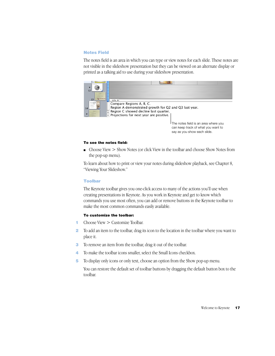 Notes field, Toolbar, Notes field 17 | Toolbar 17 | Apple Keynote 1 User Manual | Page 18 / 100