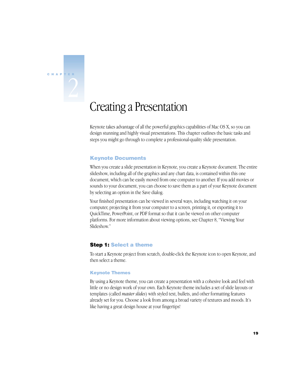 Creating a presentation, Keynote documents, Step1: select a theme | Keynote themes, Creating a presentation 19, Keynote documents 19, Step 1, Select a theme 19, Keynote themes 19 | Apple Keynote 1 User Manual | Page 20 / 100